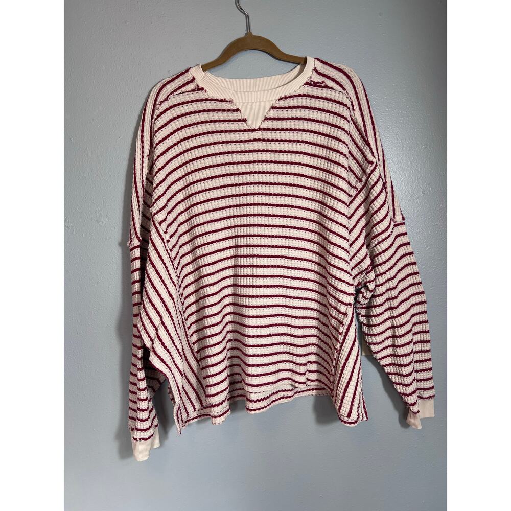 American Eagle Oversized Slouchy Waffle Knit Ribbed Striped Pullover Soft Cozy - Picture 3 of 10